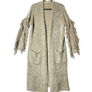 Mystree Cardigan Duster Womens  Sz L Midi Long Fringed Sleeves Champagne Beige